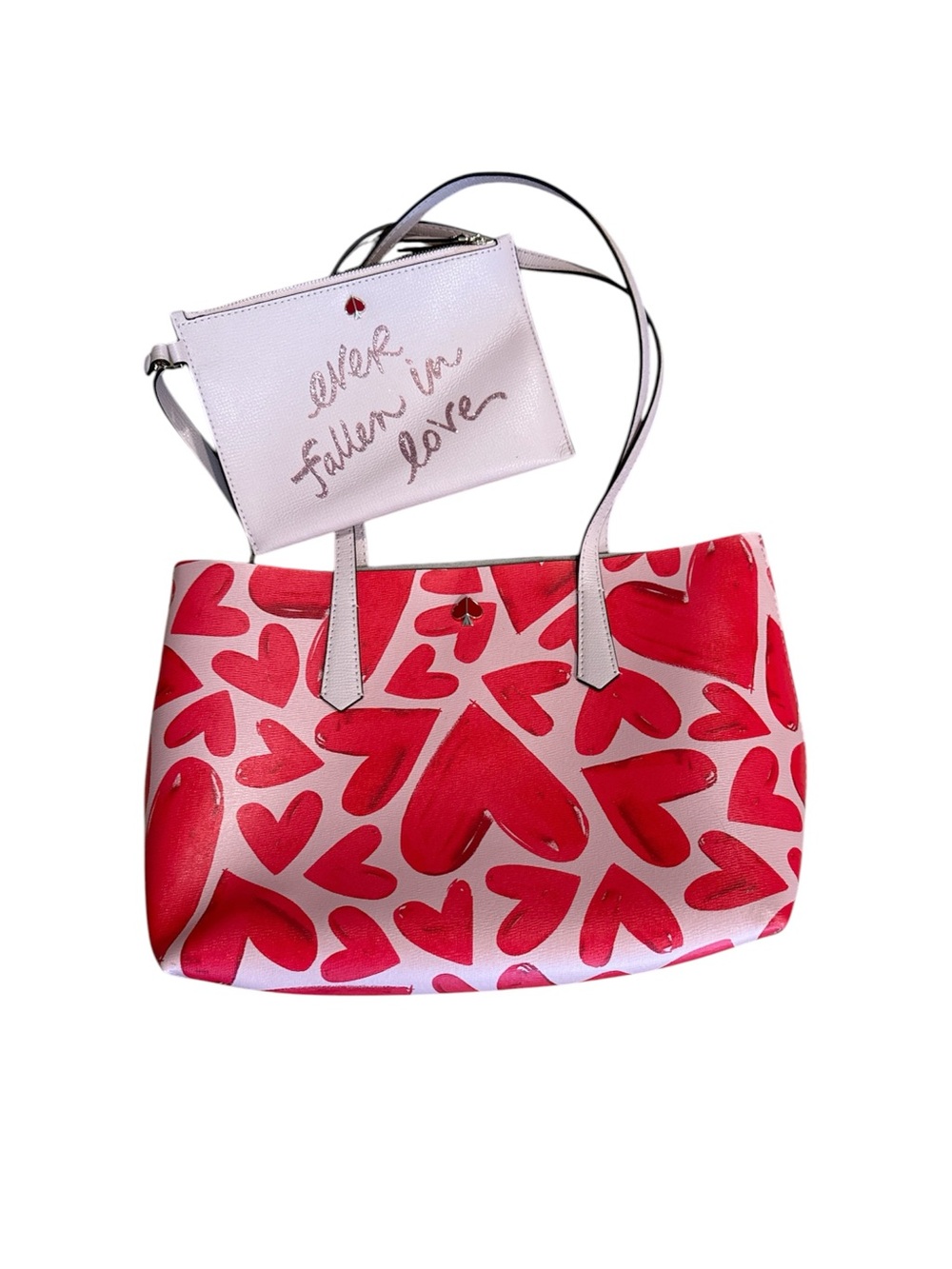 Kate Spade New York Heart Print Tote Bag with Matching Zip Wristlet Pink Red - Picture 5 of 7